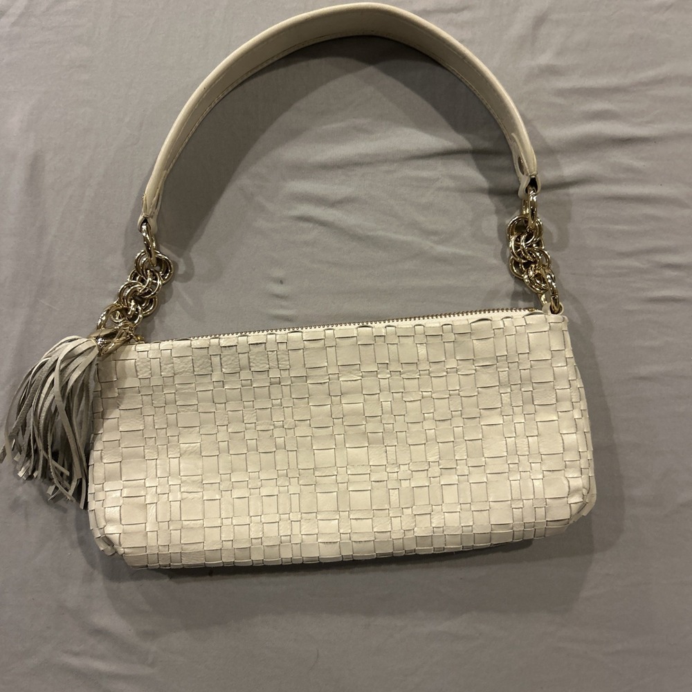 Elliot Lucca woven Cream leather small purse. Tassel Gold Accents. Classic